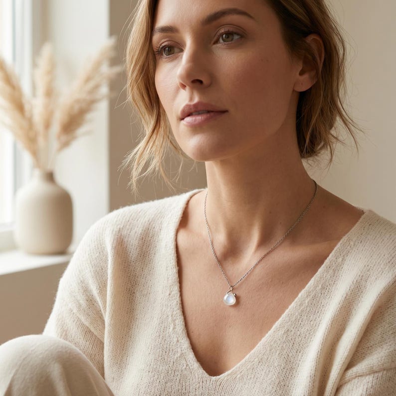 Floating moonstone necklace worn on model