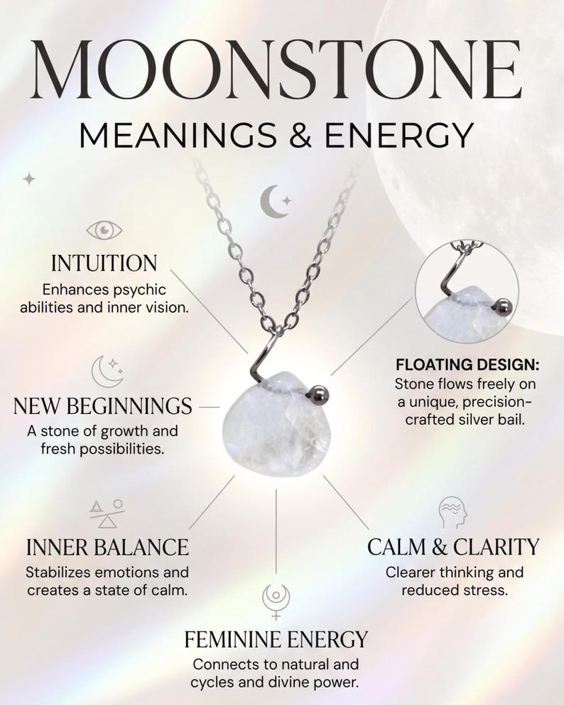 Floating moonstone pendant necklace styled with other jewelry