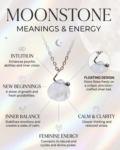 Floating moonstone pendant necklace styled with other jewelry