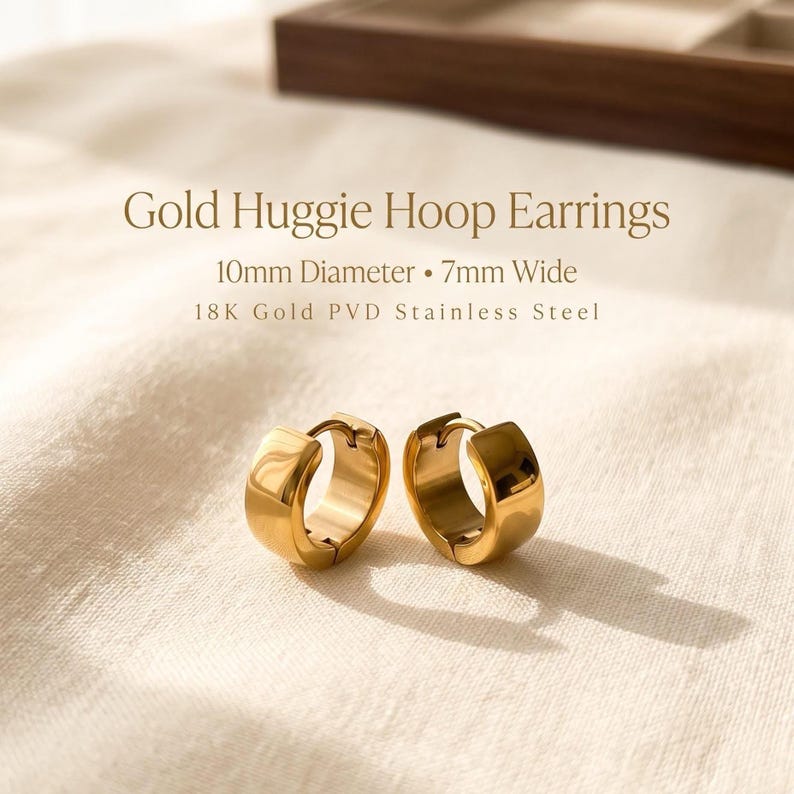 Gold Stainless Steel Huggie Hoop Earrings, 10mm