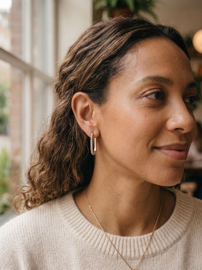 Gold U Hoop Earrings with Lab-Grown Diamonds, White Enamel Inlay
