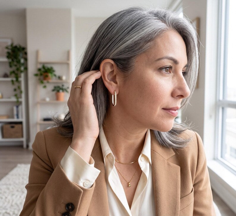 Gold U Hoop Earrings with Lab-Grown Diamonds, White Enamel Inlay
