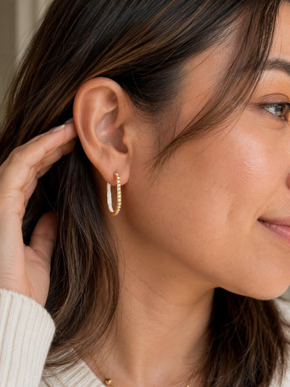 Gold U Hoop Earrings with Lab-Grown Diamonds, White Enamel Inlay
