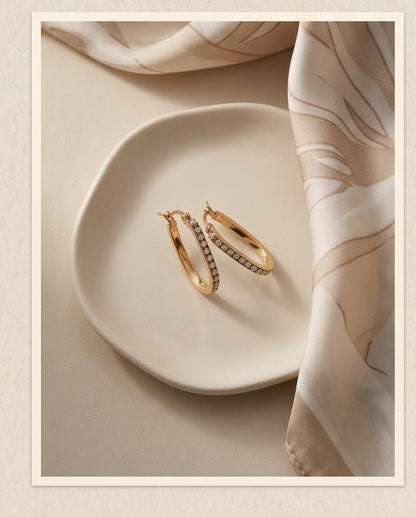 Gold U Hoop Earrings with Lab-Grown Diamonds, White Enamel Inlay