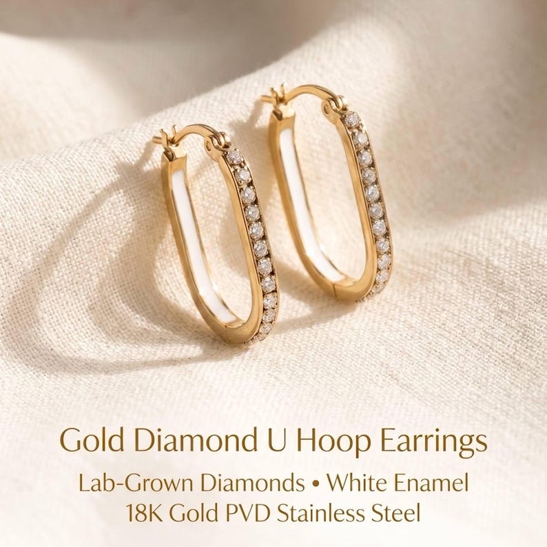 Gold U Hoop Earrings with Lab-Grown Diamonds, White Enamel Inlay