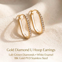 Gold U Hoop Earrings with Lab-Grown Diamonds, White Enamel Inlay