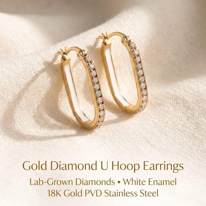 Gold U Hoop Earrings with Lab-Grown Diamonds, White Enamel Inlay