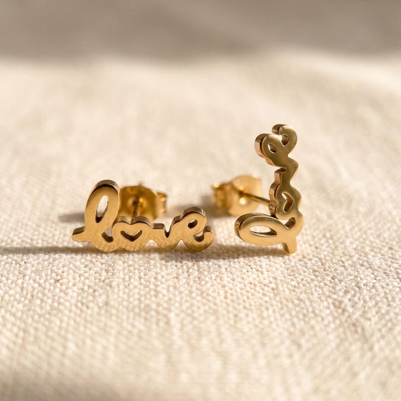 Love Necklace & Earrings Set, Gold - worn on model