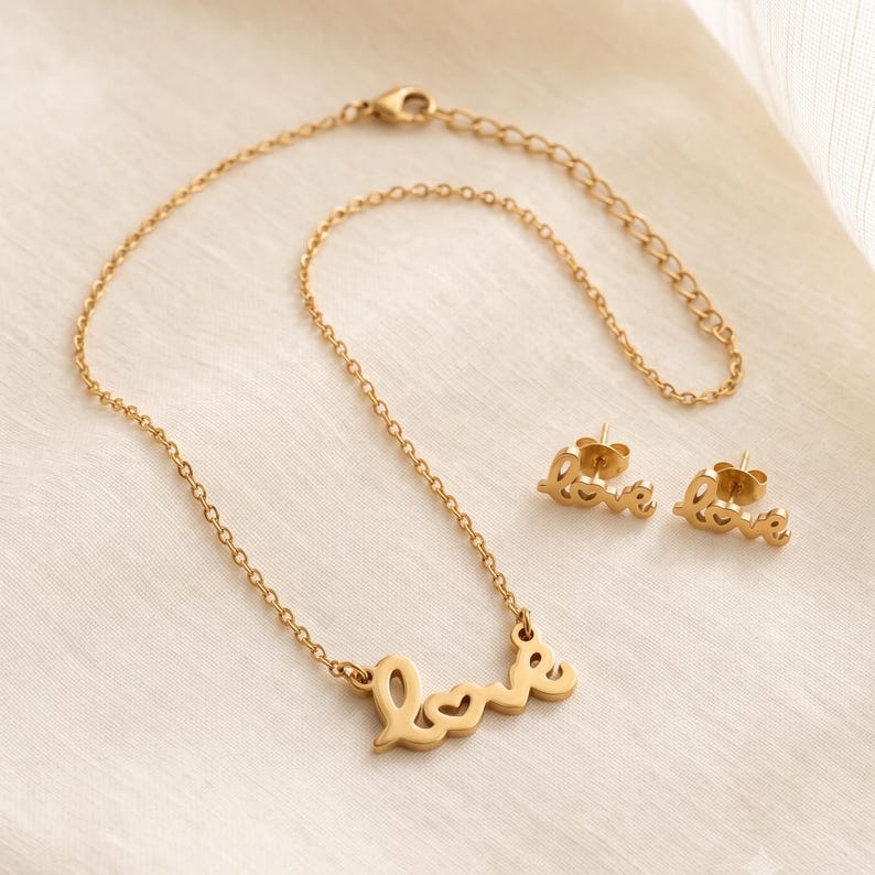Love Necklace & Earrings Set, Gold - front view