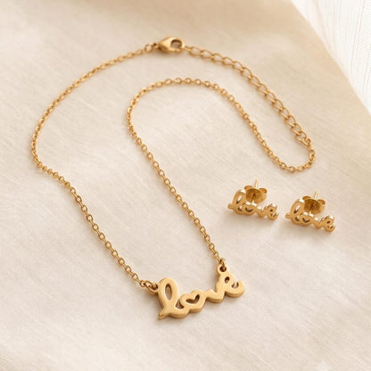 Love Necklace & Earrings Set, Gold - front view