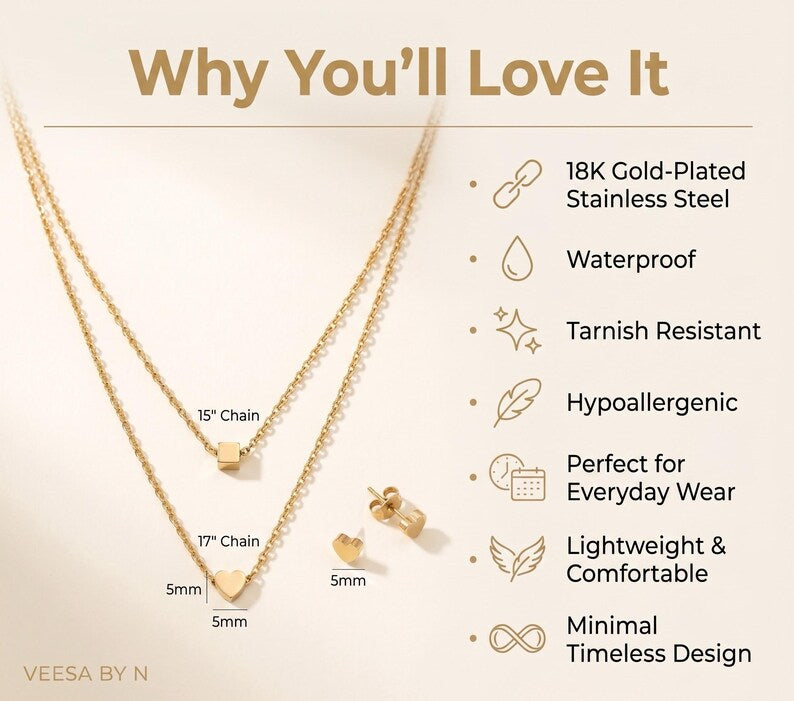 Layered Gold Heart Necklace & Earrings Set - necklace detail