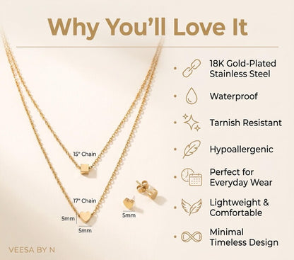 Layered Gold Heart Necklace & Earrings Set - necklace detail