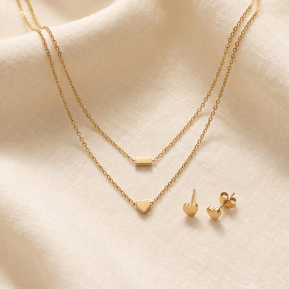 Layered Gold Heart Necklace & Earrings Set - front view