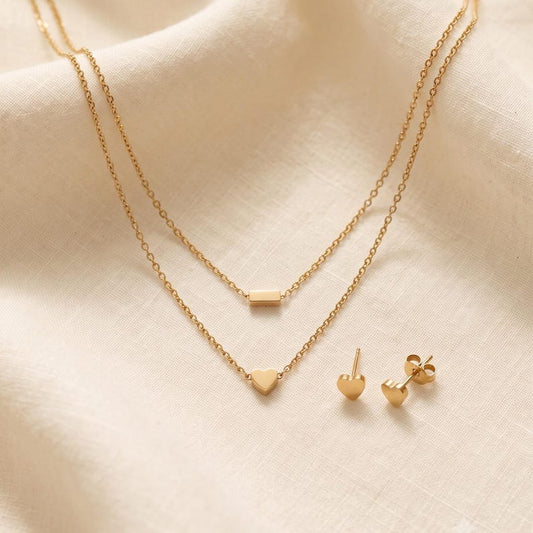 Layered Gold Heart Necklace & Earrings Set - front view