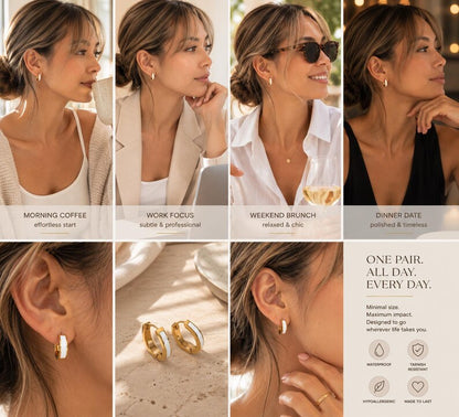 White Enamel Huggie Hoop Earrings, Gold - detail