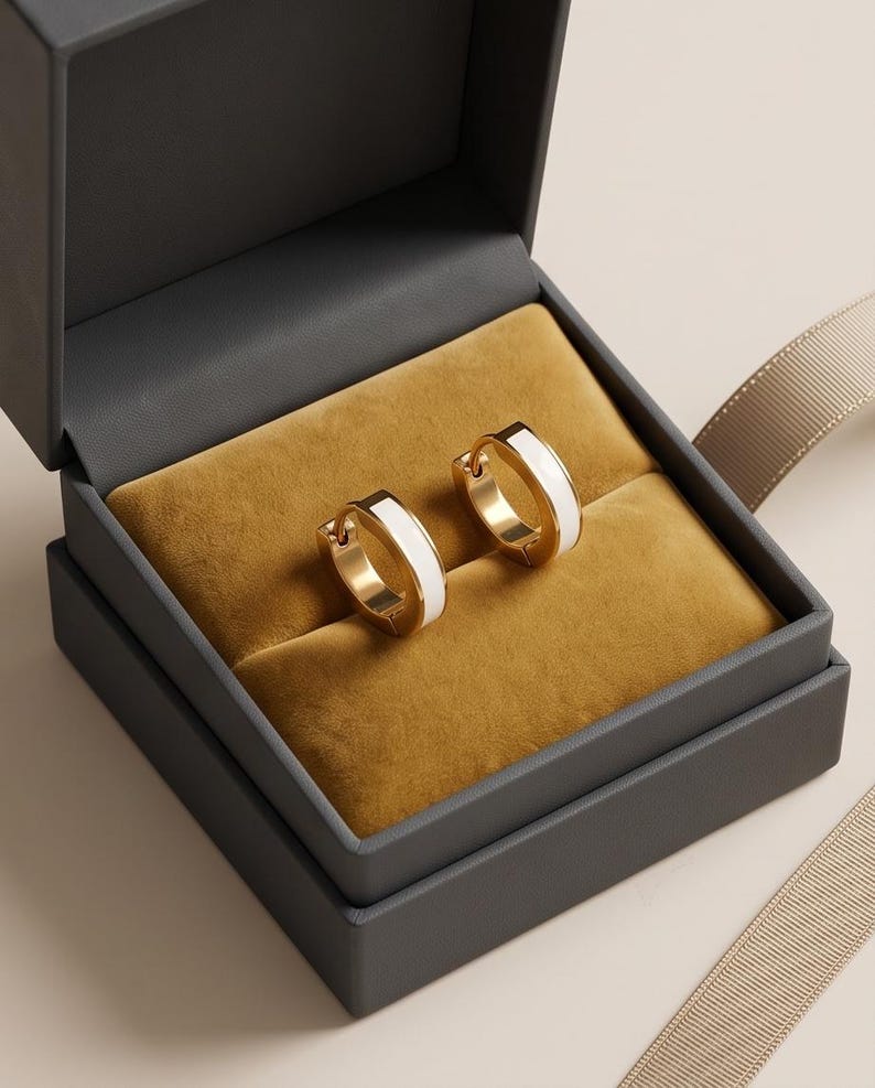 White Enamel Huggie Hoop Earrings, Gold - detail