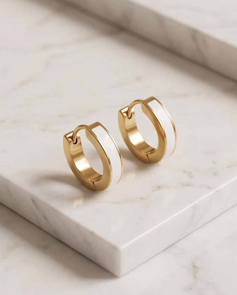 White Enamel Huggie Hoop Earrings, Gold - detail