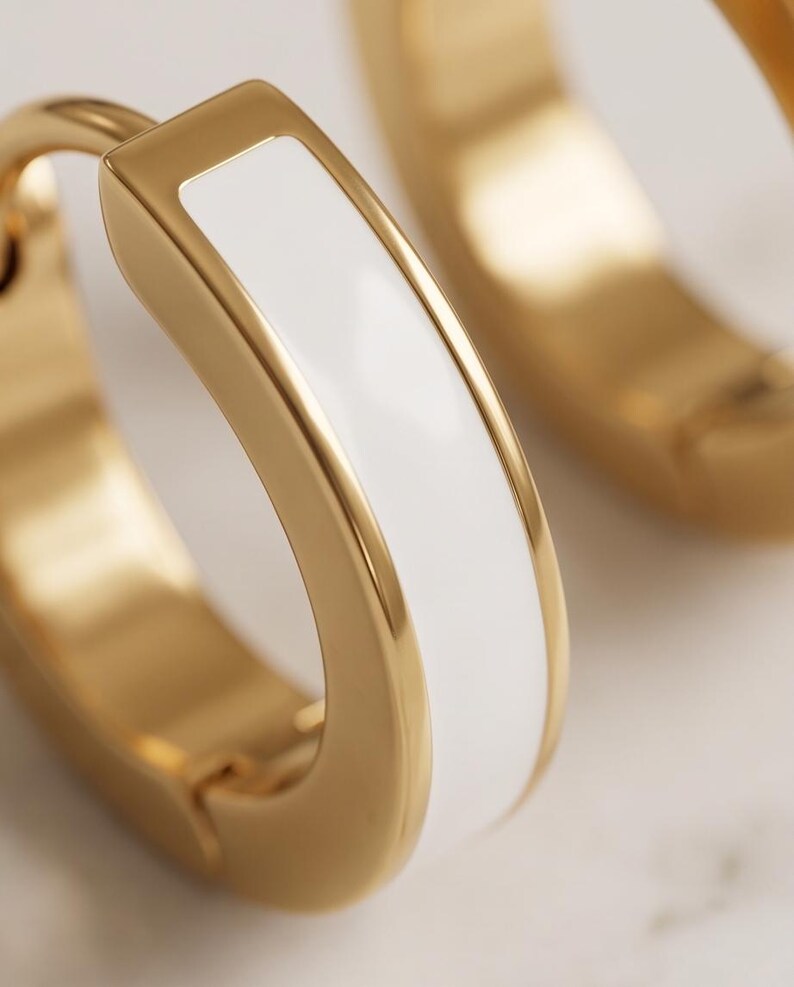 White Enamel Huggie Hoop Earrings, Gold - detail