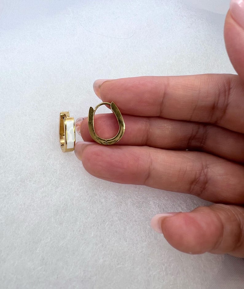 White Enamel Huggie Hoop Earrings, Gold - detail