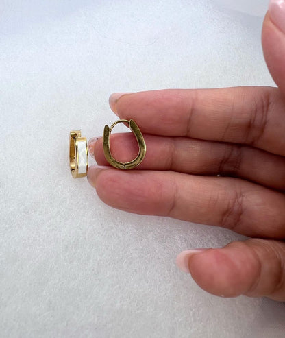 White Enamel Huggie Hoop Earrings, Gold - detail
