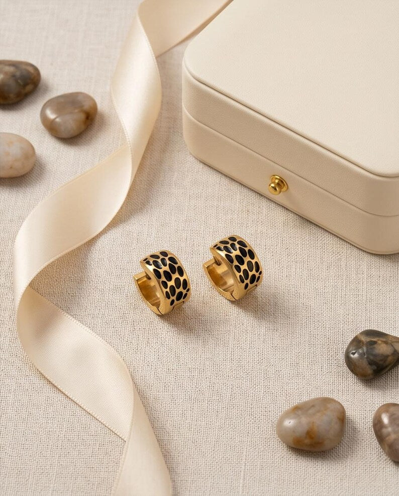 Gold Animal Print Huggie Hoop Earrings - detail