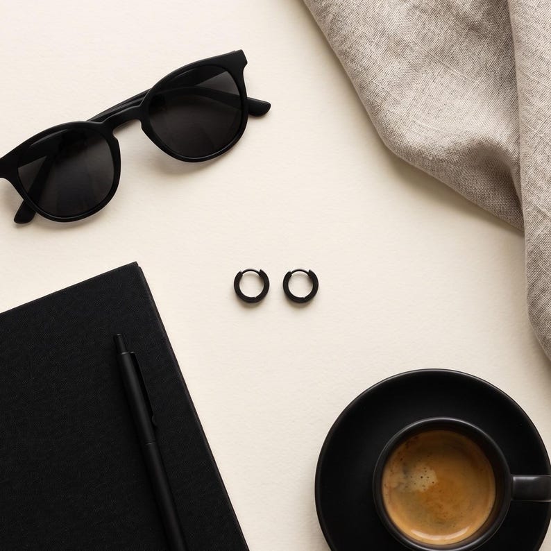 Black Stainless Steel Huggie Hoop Earrings, Unisex - detail