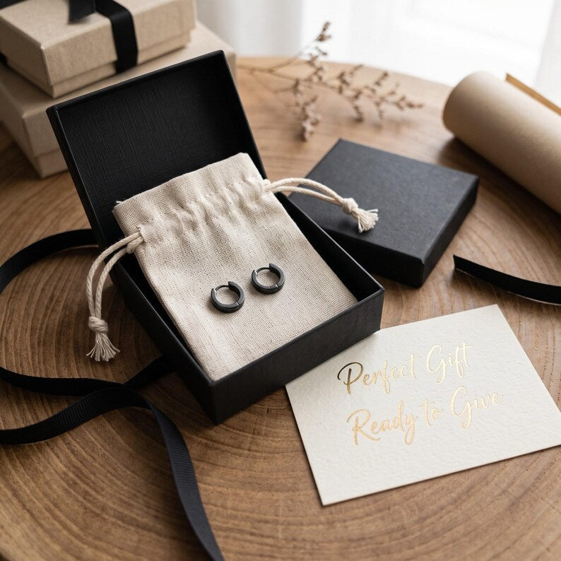 Black Stainless Steel Huggie Hoop Earrings, Unisex - detail