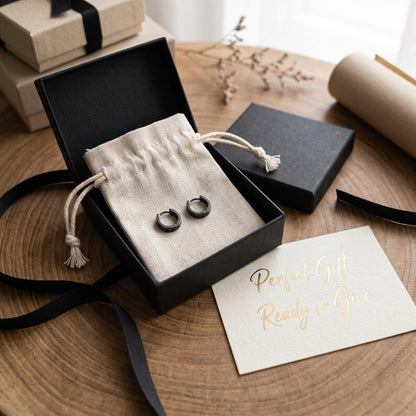 Black Stainless Steel Huggie Hoop Earrings, Unisex - detail