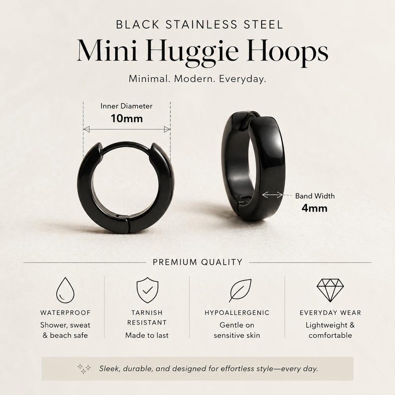 Black Stainless Steel Huggie Hoop Earrings, Unisex - detail