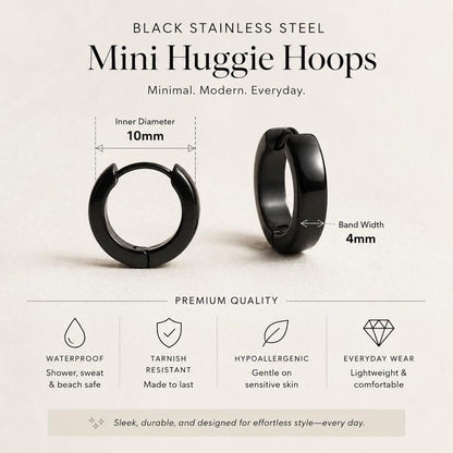 Black Stainless Steel Huggie Hoop Earrings, Unisex - detail