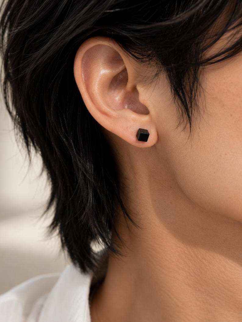 Black Square Stud Earrings close up - VEESA BY N
