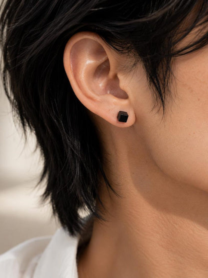 Black Square Stud Earrings close up - VEESA BY N
