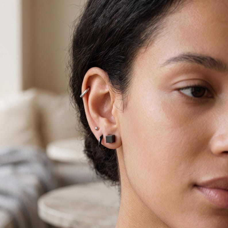 Black Square Stud Earrings worn - VEESA BY N