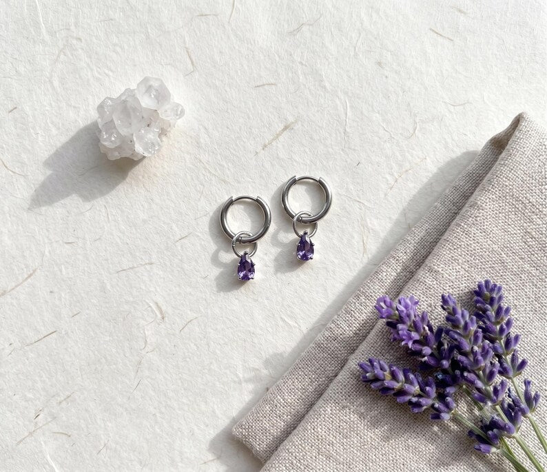 Stainless Steel Amethyst CZ 10mm Huggie Hoop Earrings image 5