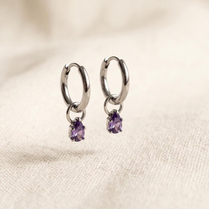 Stainless Steel Amethyst CZ 10mm Huggie Hoop Earrings image 1
