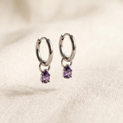 Stainless Steel Amethyst CZ 10mm Huggie Hoop Earrings image 1