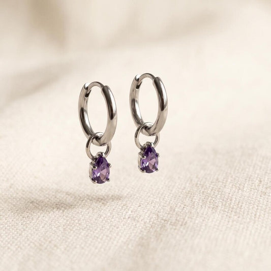 Stainless Steel Amethyst CZ 10mm Huggie Hoop Earrings image 1