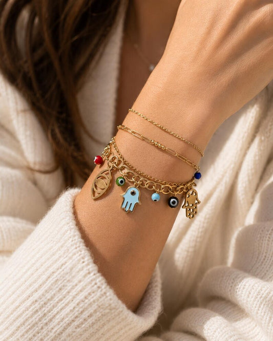18K Gold Plated Evil Eye Hamsa Charm Bracelet image 2