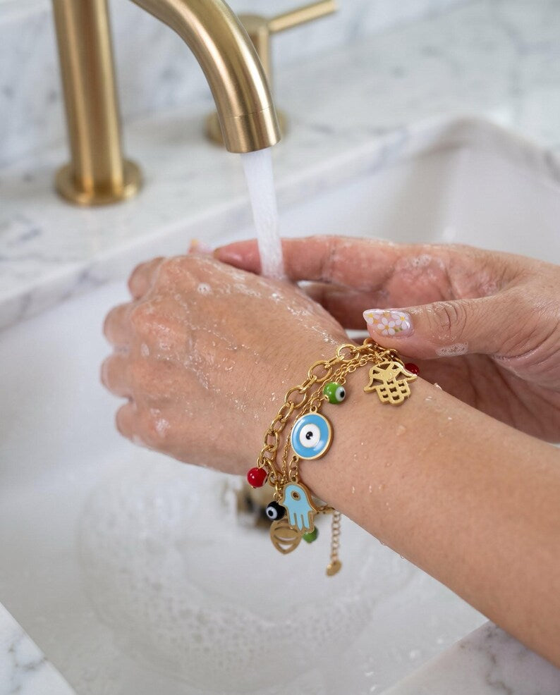 18K Gold Plated Evil Eye Hamsa Charm Bracelet image 5