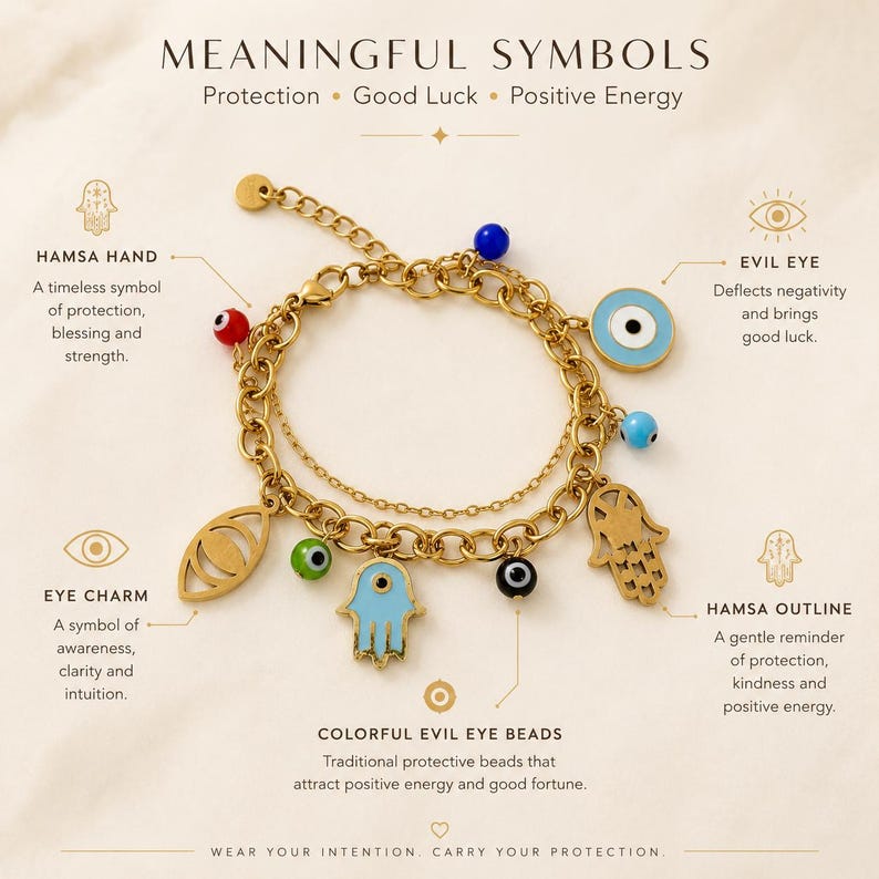 18K Gold Plated Evil Eye Hamsa Charm Bracelet image 9