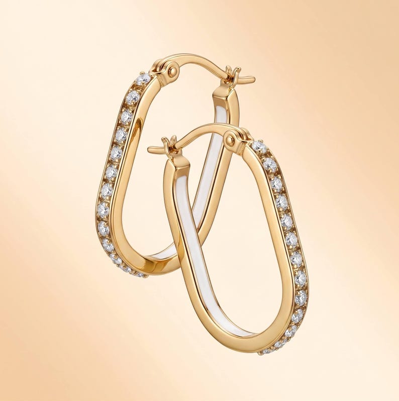 Gold U Hoop Earrings with Lab-Grown Diamonds, White Enamel Inlay