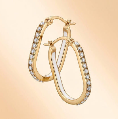 Gold U Hoop Earrings with Lab-Grown Diamonds, White Enamel Inlay