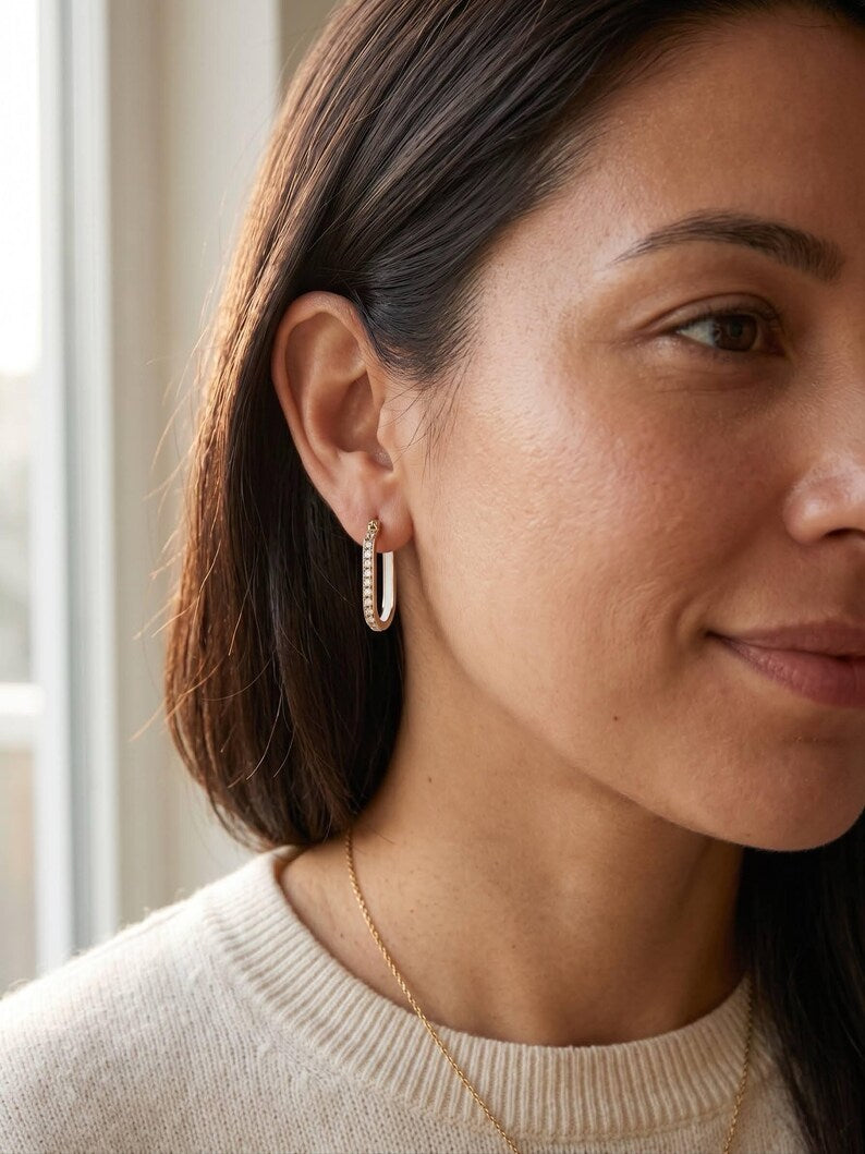 Gold U Hoop Earrings with Lab-Grown Diamonds, White Enamel Inlay