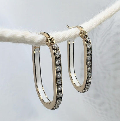 Gold U Hoop Earrings with Lab-Grown Diamonds, White Enamel Inlay