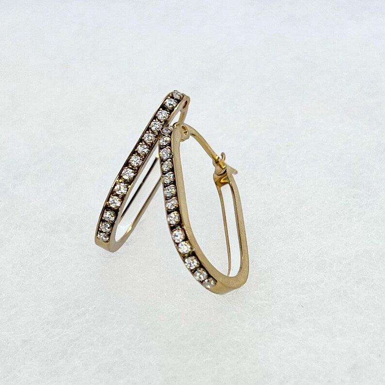 Gold U Hoop Earrings with Lab-Grown Diamonds, White Enamel Inlay