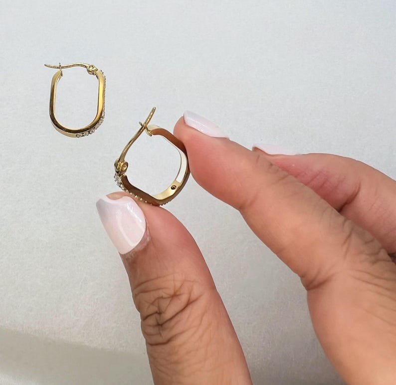 Gold U Hoop Earrings with Lab-Grown Diamonds, White Enamel Inlay