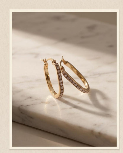 Gold U Hoop Earrings with Lab-Grown Diamonds, White Enamel Inlay