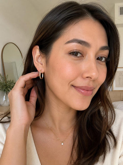 Gold U Hoop Earrings with Lab-Grown Diamonds, White Enamel Inlay