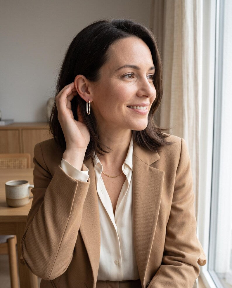 Gold U Hoop Earrings with Lab-Grown Diamonds, White Enamel Inlay