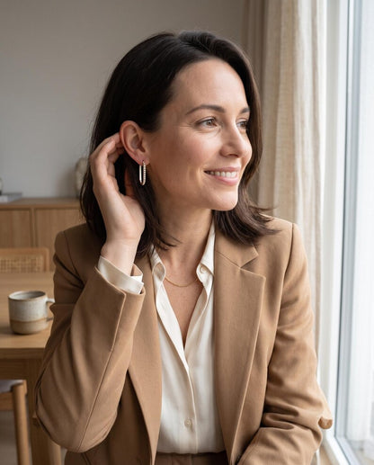 Gold U Hoop Earrings with Lab-Grown Diamonds, White Enamel Inlay